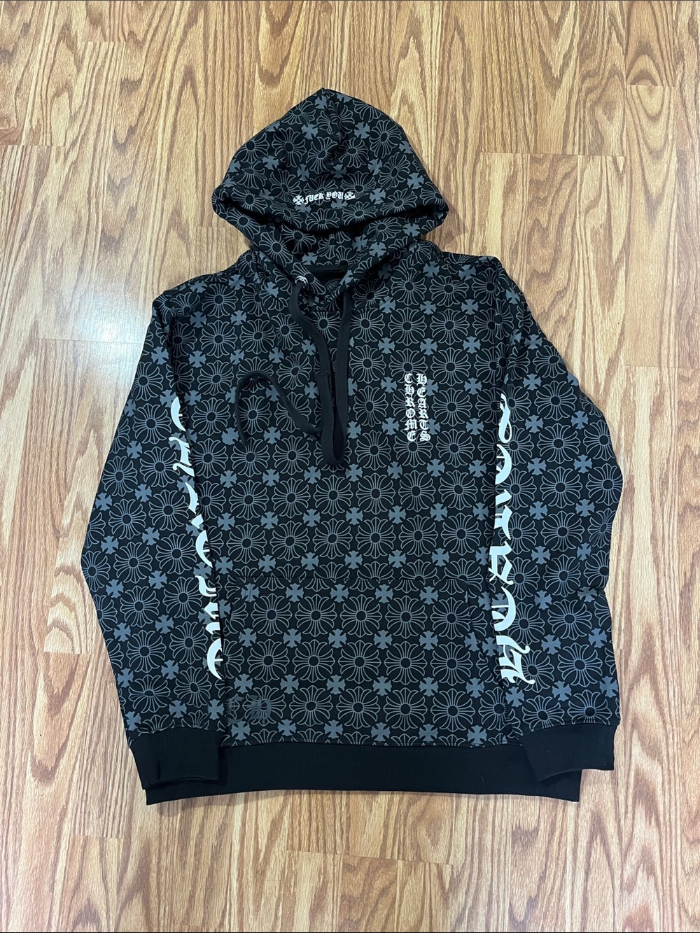 Chrome Hearts Black Floral Cross Repeat Hoodie with White Sleeve Script